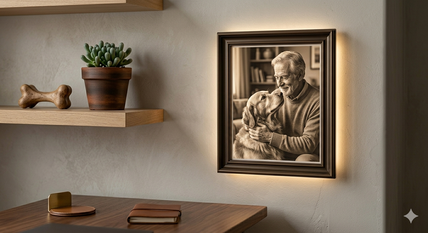 Cuadro personalizado iluminado de un hombre con su perro, regalo emocional para el hogar