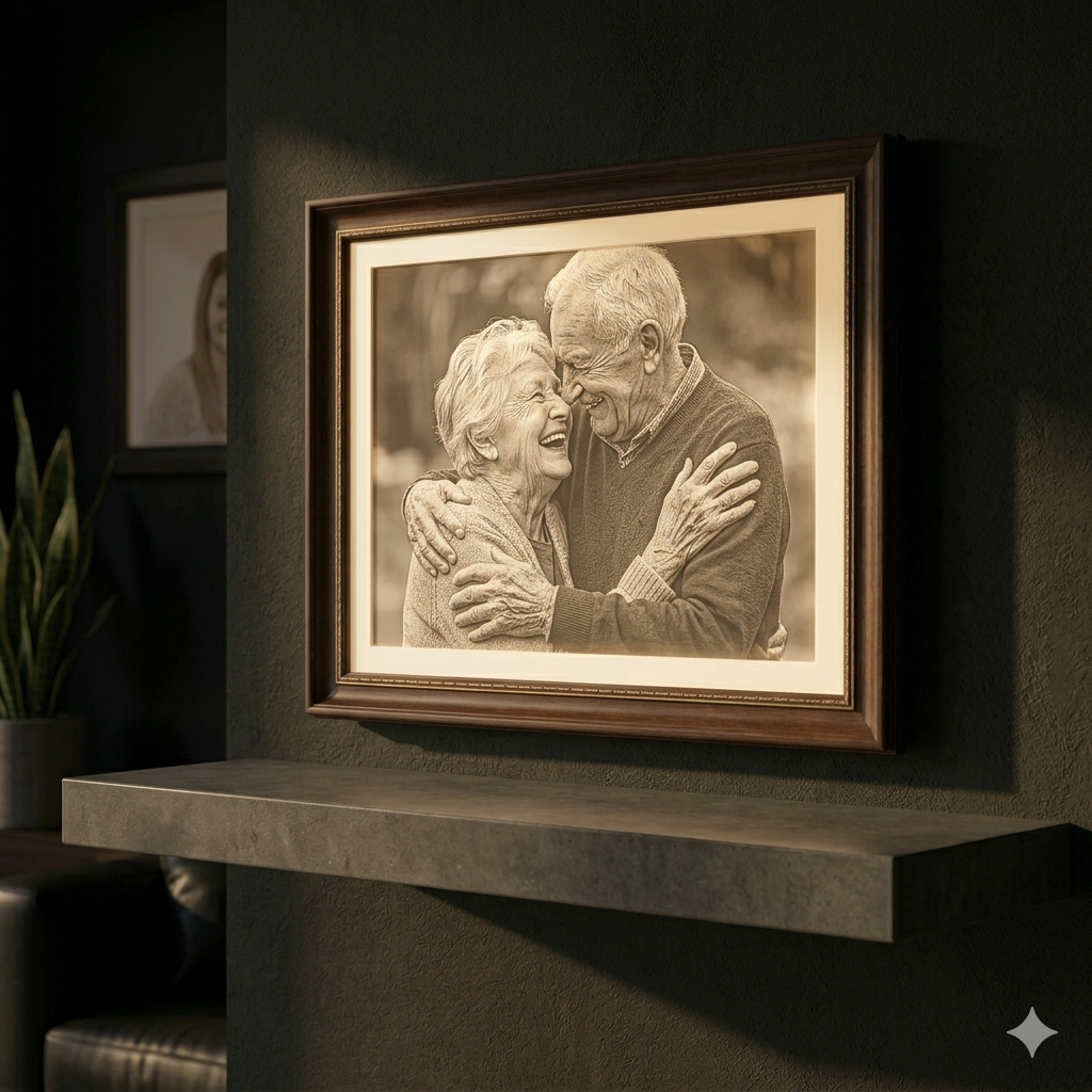 Cuadro personalizado iluminado de una pareja mayor abrazada, regalo de aniversario emotivo