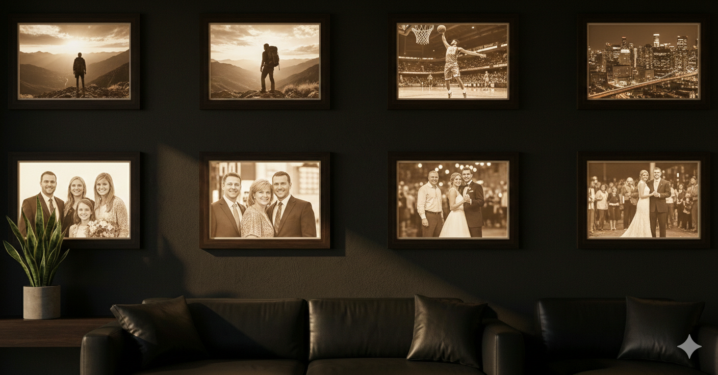 Pared decorada con varios cuadros personalizados iluminados, decoración emocional para el hogar