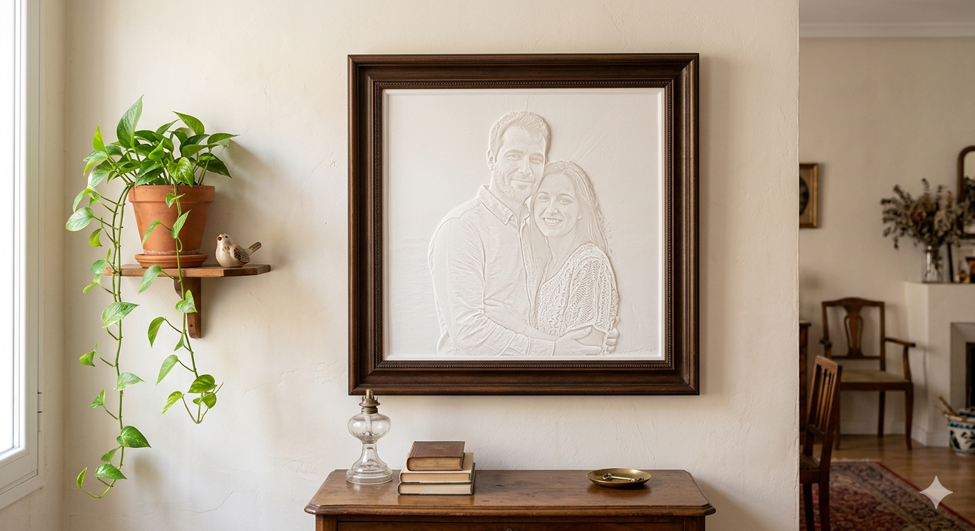 Cuadro personalizado de pareja en un hogar cálido y acogedor, idea de regalo original