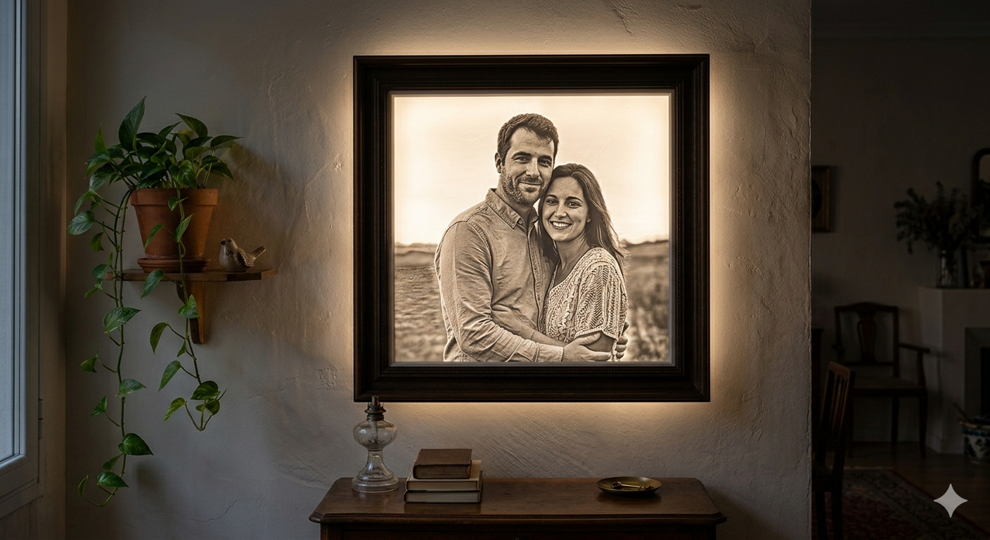 Cuadro personalizado de pareja iluminado con luz cálida en el salón