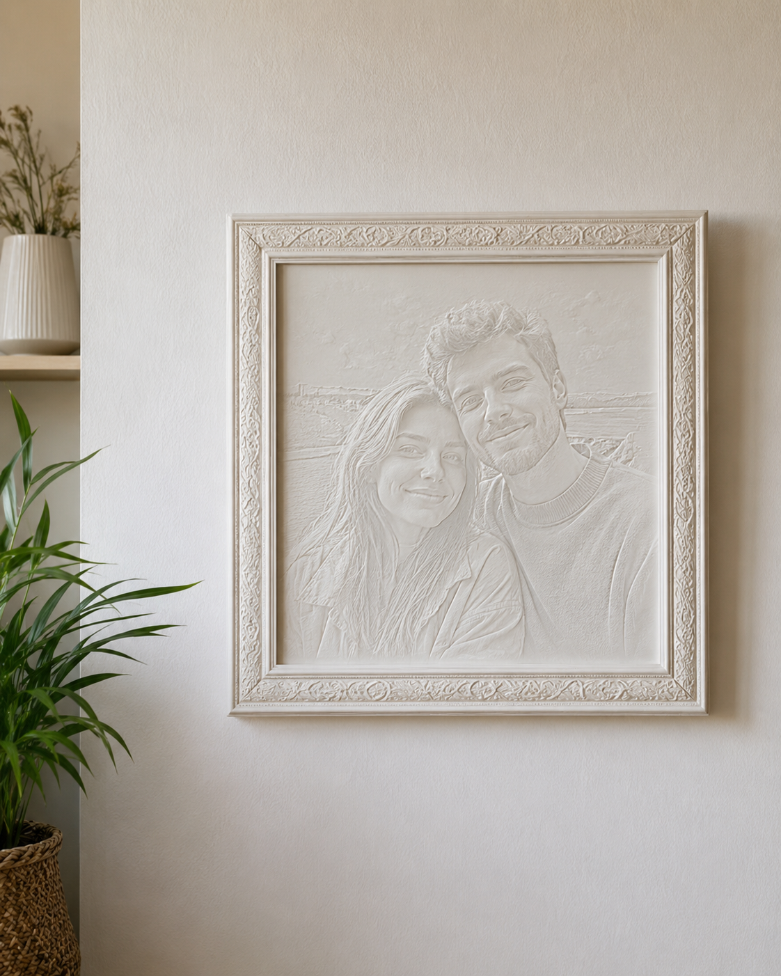 Cuadro personalizado con foto de pareja, apagado, sobre pared cálida del hogar