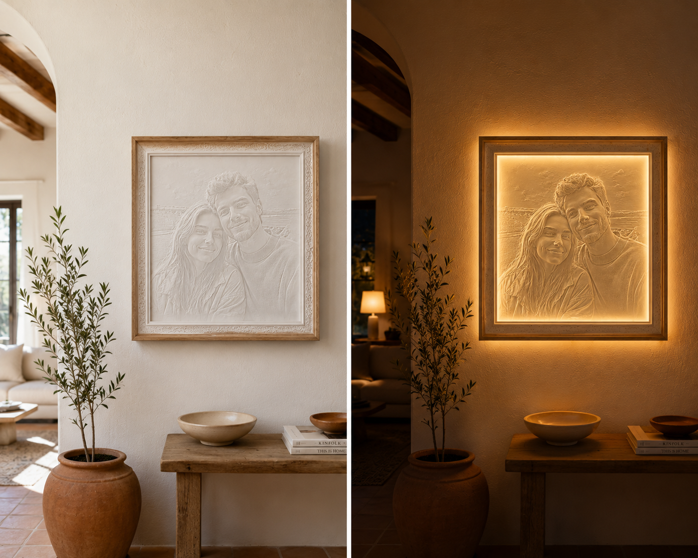 Comparativa de un cuadro personalizado apagado y encendido, mostrando el efecto de la luz sobre el recuerdo