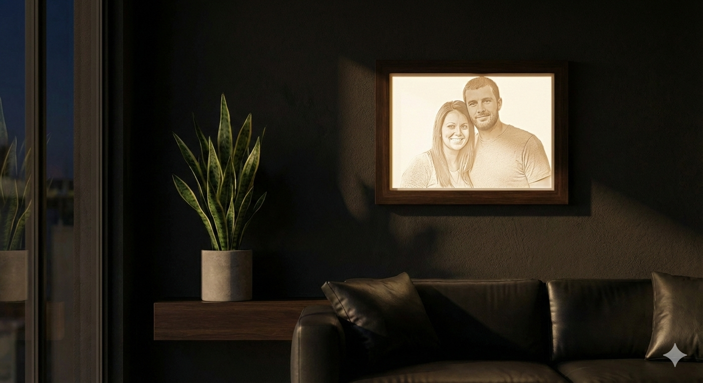 Cuadro personalizado de pareja iluminado en un salón moderno por la noche