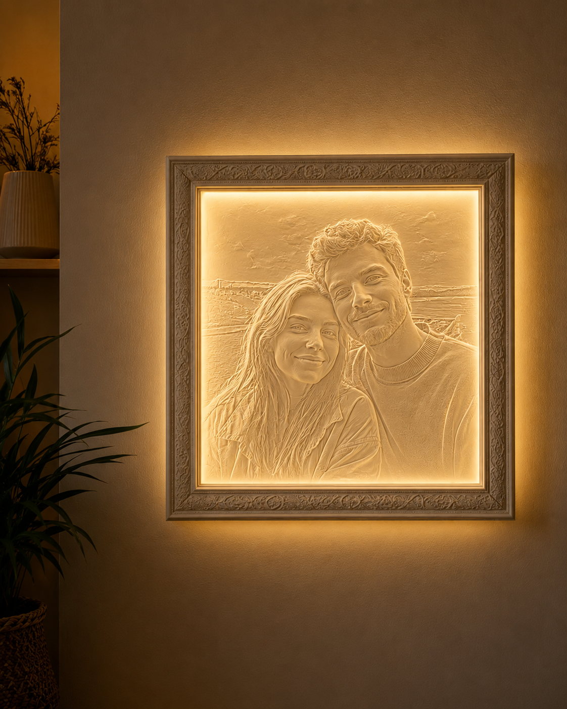 El mismo cuadro personalizado iluminado por la noche, mostrando el recuerdo con luz cálida